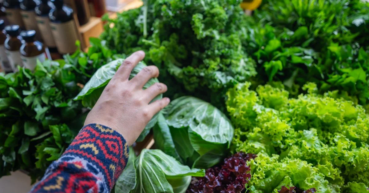 Gros plan sur une main cueillant du chou frisé frais parmi diverses autres salades sur un étal de marché.