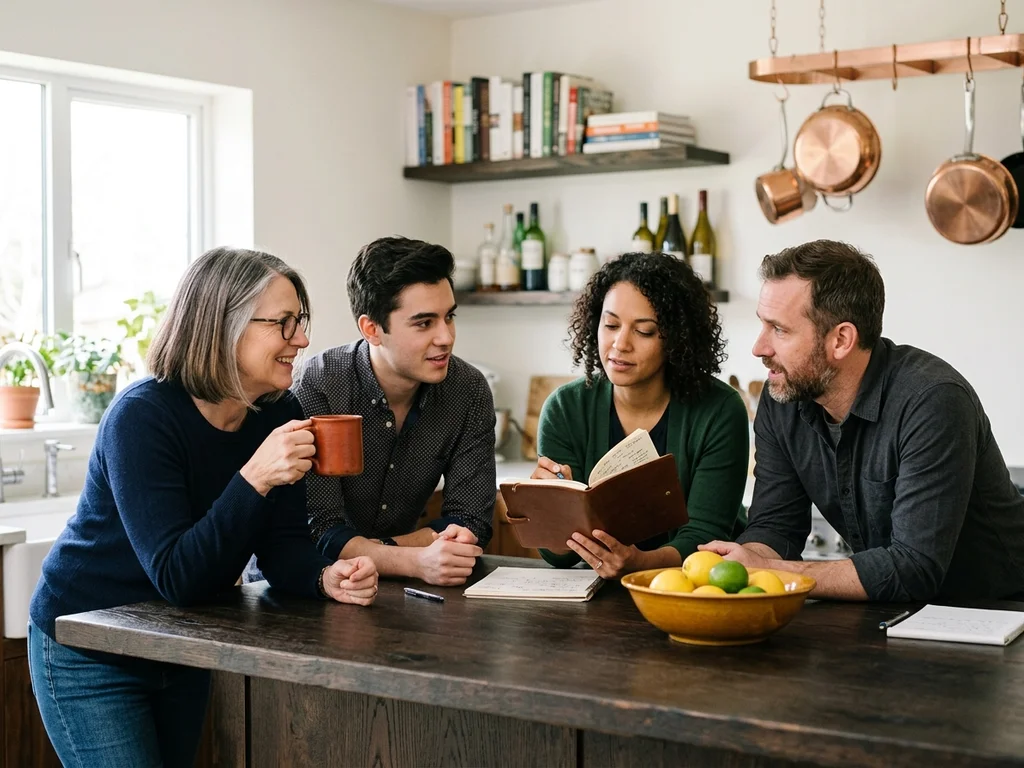 L'équipe de rédaction échangeant avec enthousiasme dans une cuisine ouverte lumineuse et moderne.