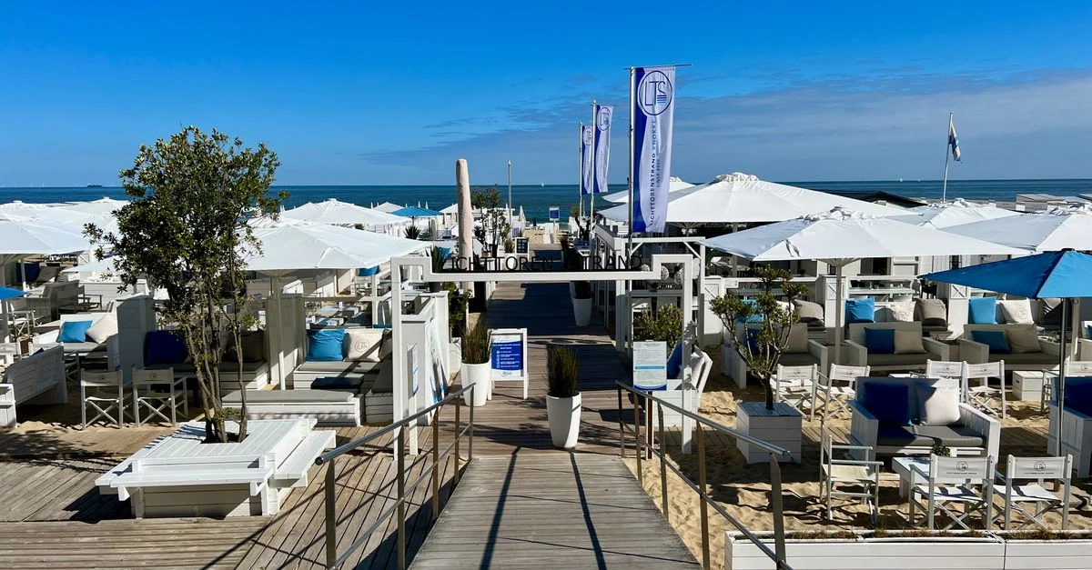 Vue pittoresque d'un bar de plage avec des parasols blancs et des sièges sous un ciel bleu brillant.